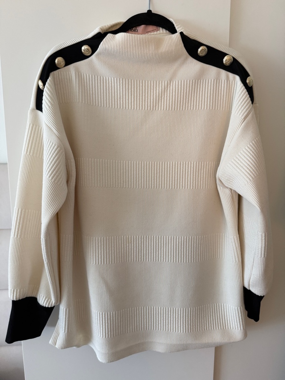 Cream Ribbed Turtleneck Sweater with Black Shoulder Trim